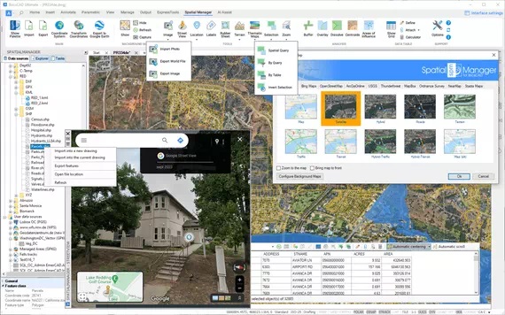 Spatial Manager for BricsCAD. Main application palette, ribbon and some windows sample
